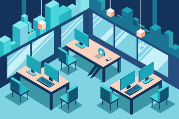 An isometric vector illustration of a modern cityscape with houses, buildings, and urban architecture designs