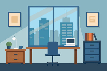 Modern office interior design with wooden furniture, shelves, and a work desk, vector illustration