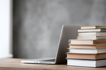 stack of books and a laptop as a symbol of new technologies in education, copy space