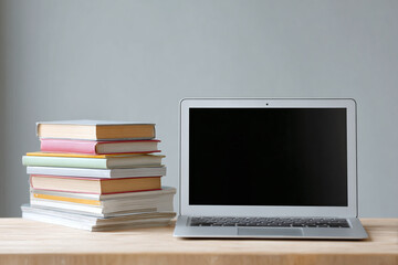 stack of books and a laptop as a symbol of new technologies in education, copy space