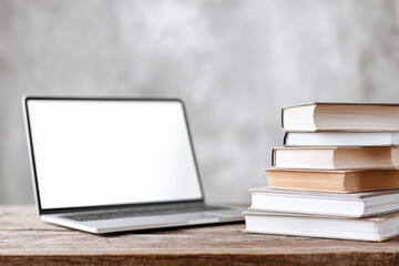 stack of books and a laptop as a symbol of new technologies in education, copy space