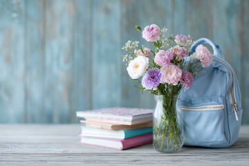 composition of book pile, school bag and a flower bouquet for the teacher on the Knowledge day on blurred background, copy space. 