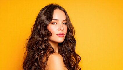 Fototapeta premium Blonde woman with long, wavy hair poses against a pastel orange backdrop, showcasing a fashionable look ideal for beauty and cosmetic advertising with ample copy space.