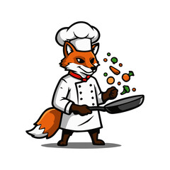 Skilled cartoon fox chef with frying pan, spatula, hat. Culinary art, delicious food, cooking. Gourmet preparation, playful flair. Professional kitchen fun.