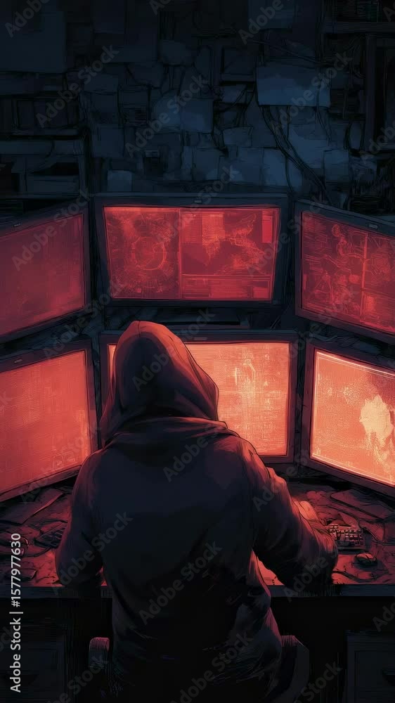 Poster cybersecurity breach unfolding, professional hacker silhouetted against glowing red data screens, wo