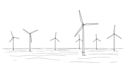 Sketch of offshore wind turbines, symbolizing renewable energy and environmental care.  wind turbine Black and white engraving illustration 
