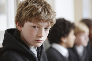 bullying victim, abused outsider standing apart of group of children