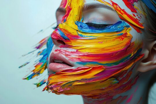 a woman's face dissolving into bold paint strokes on canvas