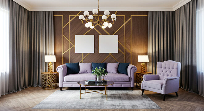 Elegant living room showcases a lavender sofa with navy pillows, complemented by a matching armchair and gold accents, creating a luxurious and inviting interior design aesthetic.