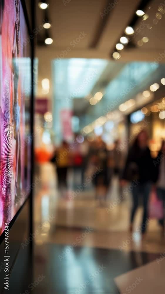 Aufkleber blurred shoppers walk through a brightly lit contemporary shopping center with a large digital scree