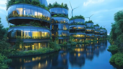 Futuristic ecobuildings with glass facades and greenery by a river