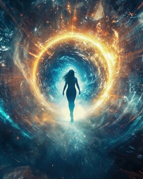 a woman breaking through a dimensional portal of light