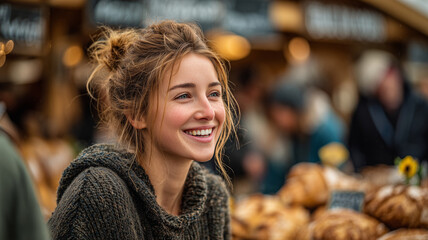 Obraz premium Smiling woman enjoys shopping at vibrant outdoor market in London
