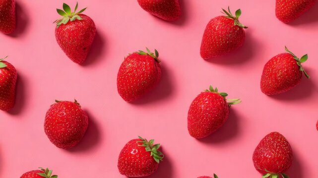 Ripe strawberries scattered in regular pattern on a vivid pink background, showcasing freshness, flat lay food concept in natural photo style