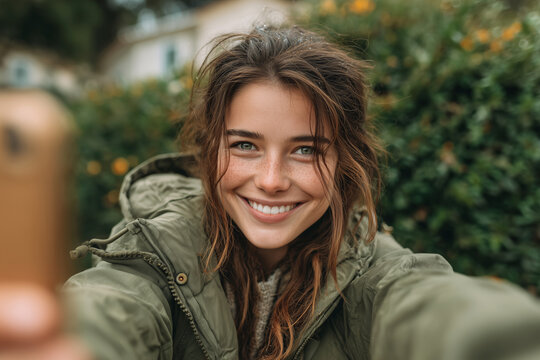 Smiling woman enjoys a sunny day taking a selfie in a lush garden - Powered by Adobe