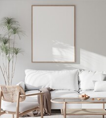 Minimalist Living Room Interior with White Sofa and Poster Frame Mockup 