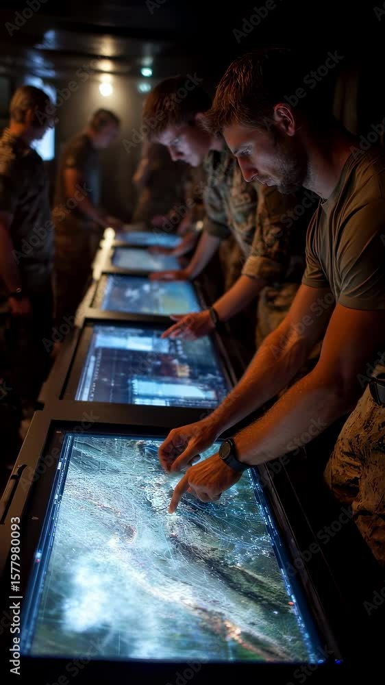Poster group of military professionals using interactive touchscreens to analyze maps in a control room for