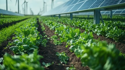 Green leafy plants grow in rows between solar panels and wind turbines