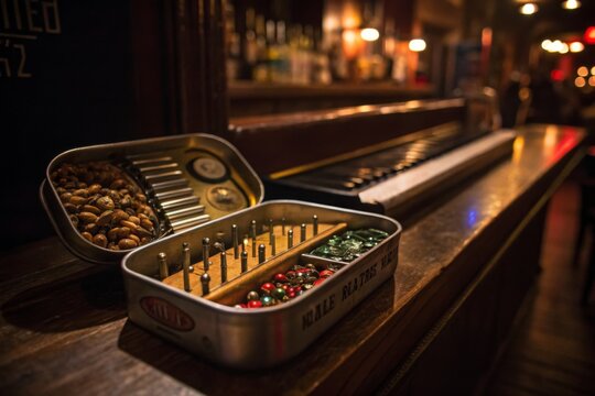 Unique game set and snacks displayed on a bar counter in a cozy tavern at night