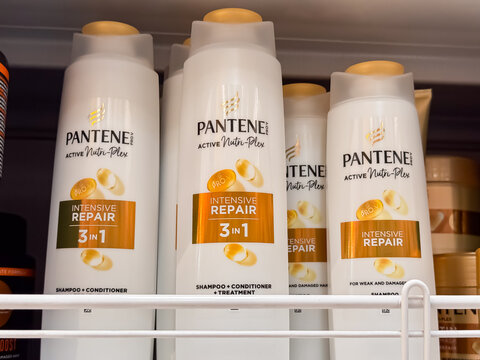 Pantene Pro-V Intensive Repair Hair Care Products with Gold Caps Displayed on Store Shelf, Dnipro, Ukraine - June 20, 2025