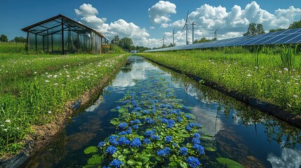 Greenhouse solar panels and wind turbines by a canal