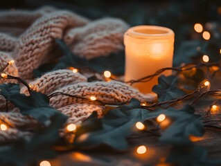 Cozy Autumn Scene with Knit Blanket, Candle, and Fairy Lights