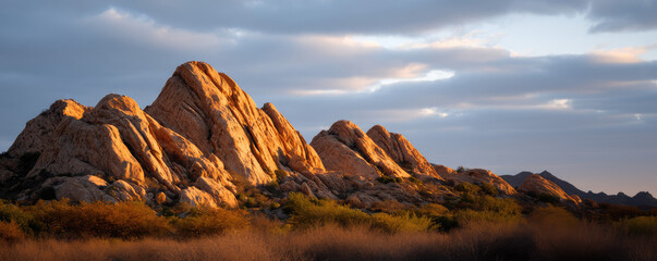 Rocky mountains are bathed in warm sunlight under a partly cloudy sky. Serene desert landscape with dramatic rock formations