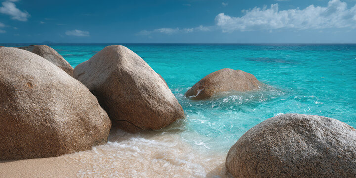 Large rocks rest on a sandy beach with turquoise waves gently lapping. Tranquil coastal scenery, nature