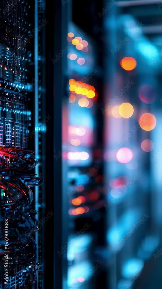 Poster focus smoothly changes on a server rack with blinking lights and cables in a modern data center, cre