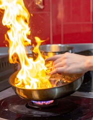 Flambe Cooking with Intense Flames Stirring Food in Metal Pan Over Gas Stove