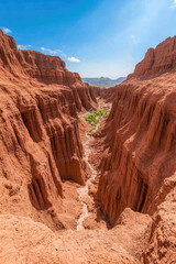 Fototapeta premium A canyon with deep, reddish-brown cliffs extends into the distance beneath a vibrant blue sky. Rugged, natural landscape