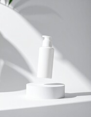 White Cosmetic Bottle on a Pedestal with Natural Shadows in Clean Studio Light