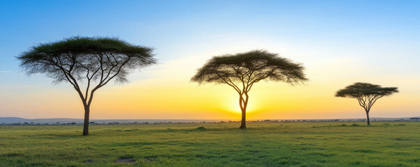 Three acacia trees stand in a grassy field with a sunrise on the horizon. Serene sunrise landscape