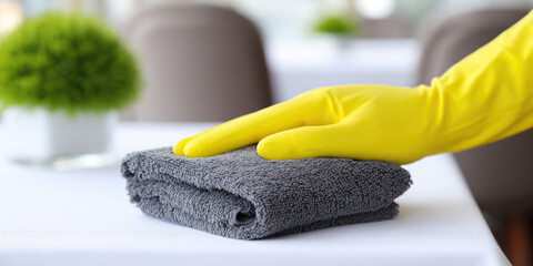 A hand in a yellow glove is using a gray cloth to clean a table. Cleaning, hygiene, housekeeping