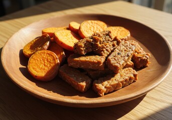Healthy Plant-Based Plate with Tempeh and Sweet Potato Slices on Wooden Dish
