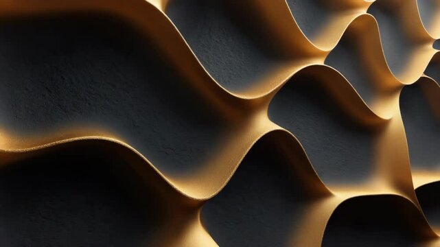 Flowing golden wave shapes create a dynamic abstract pattern over a black textured background, symbolizing luxury, elegance, and modern design
