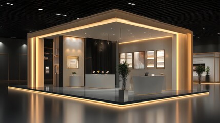 Illuminated exhibition booth with modern design and sleek furnishings