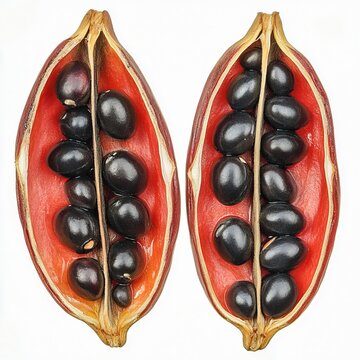 abrus precatorius rosary pea seeds closeup of red and black seeds in pods isolated on white transparent background