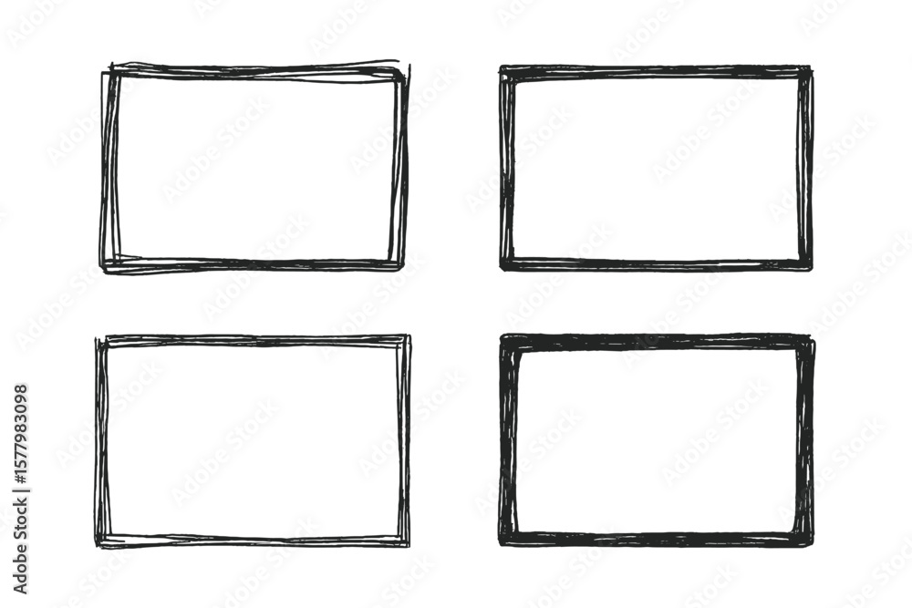 Poster doodle rectangle frames set of 4. hand drawn sketch borders collection. abstract grunge outline, ink