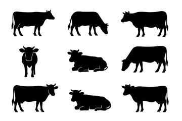 Cow silhouette vector set. Farm animal collection. Cattle, dairy, beef, livestock icons. Agriculture graphic element for logo design. Black shape isolated on white background.