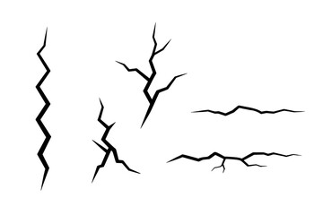 Crack vector set. Ground fissure and wall crevice illustration. Abstract broken surface texture. Earthquake damage line art. Destruction, split, rift, and fault graphics.