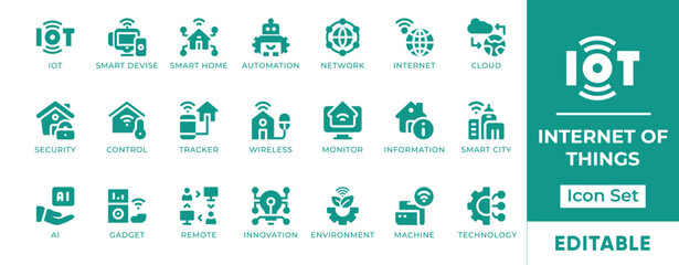Internet of Things Icon Set. Features icons of smart devices, connectivity, sensors, automation, and cloud systems. Perfect for tech, apps, and digital platforms.