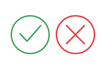 Green tick red cross vector icons. Check mark and x symbol. Right wrong, correct false, yes no button. Approved rejected sign. Thin line circle simple checkmark illustration.