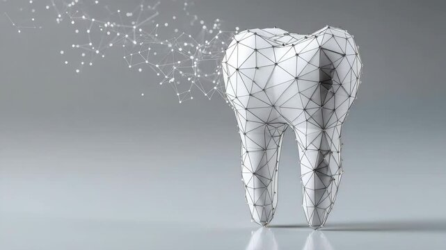 Abstract tooth structure with polygon mesh and digital network lines, futuristic style on gradient gray background, concept of dental technology - Powered by Adobe