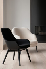 A black chair and a white chair sit in a modern, minimalist room with a sleek, dark wall feature. Contemporary seating arrangement, simple elegance