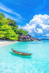 Obraz premium A wooden boat floats on clear turquoise water near a sandy beach with lush greenery and large rocks under a bright blue sky with fluffy clouds. Serene tropical paradise scene