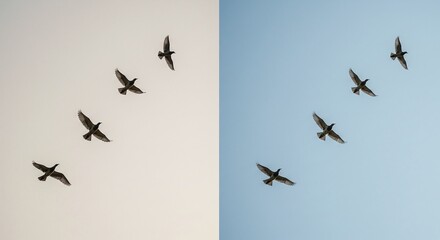 Group of Birds Flying in Clear Sky During Day in Minimalist Composition
