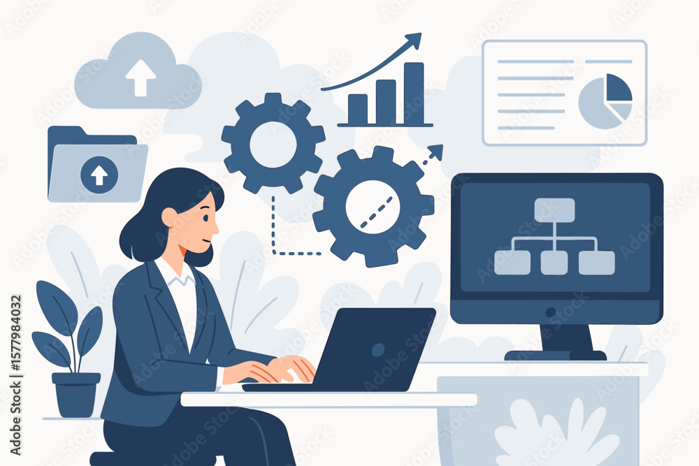 Poster businesswoman working on laptop with data analysis and workflow automation icons. business intellige
