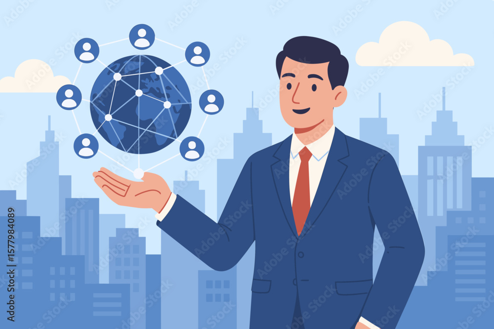 Poster businessman with global network for customer connection and data exchange. digital communication and