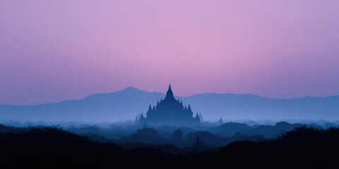 Ancient temple silhouette stands amid trees against misty mountains under a purple sky. Tranquility and mystery at dusk
